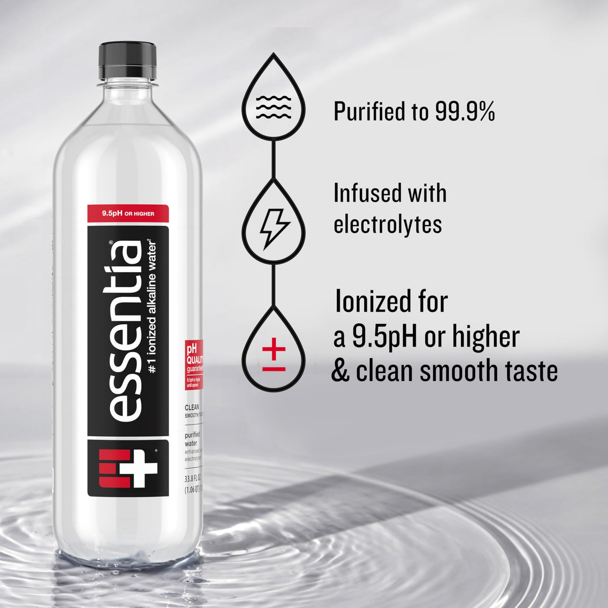 Essentia Water pour into glass highlights smooth taste and clarity.