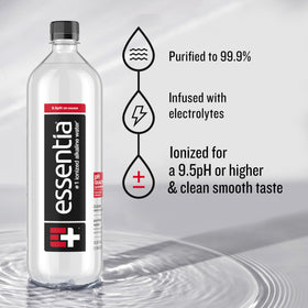 Essentia Water pour into glass highlights smooth taste and clarity.