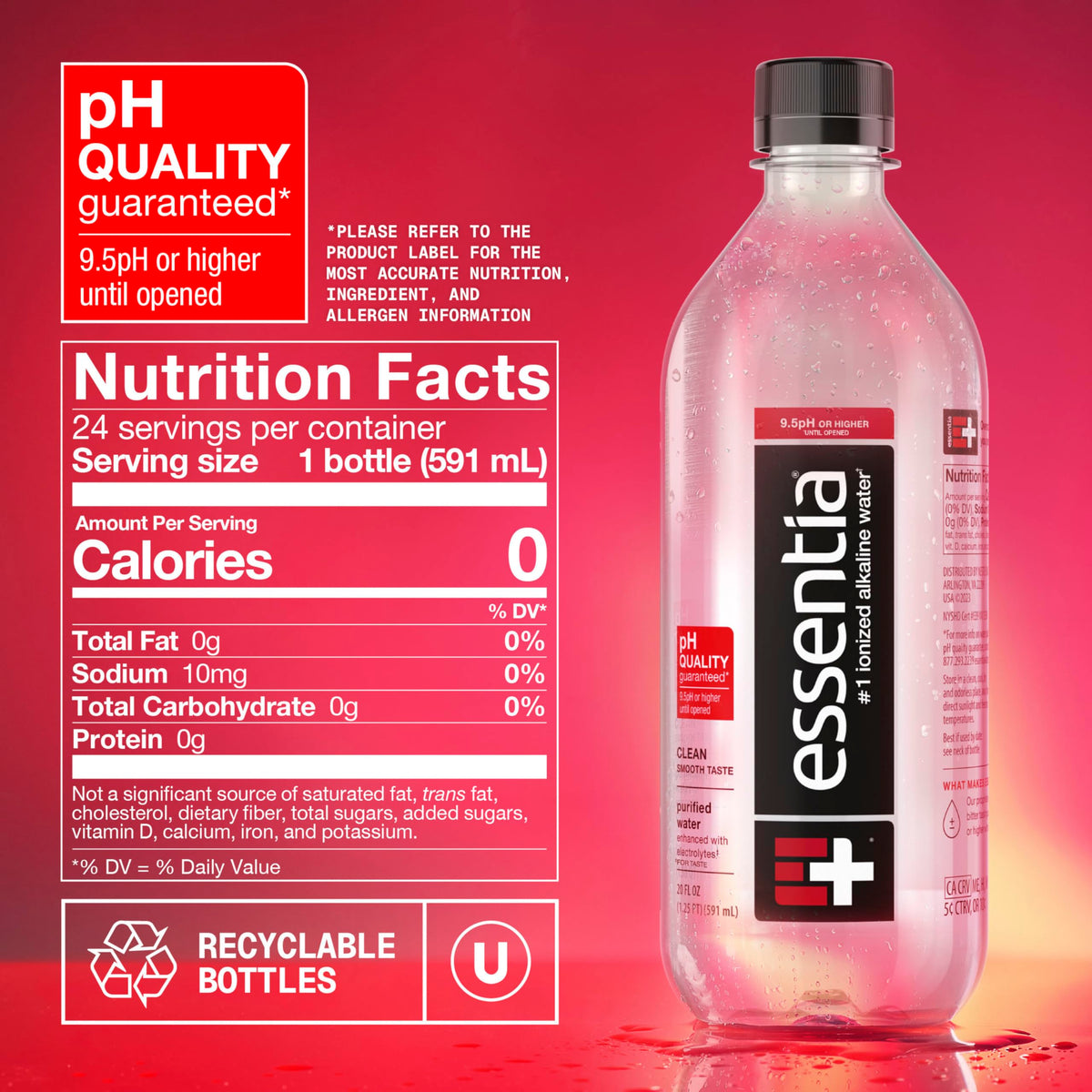 Essentia Water packaging is recyclable to reduce waste.