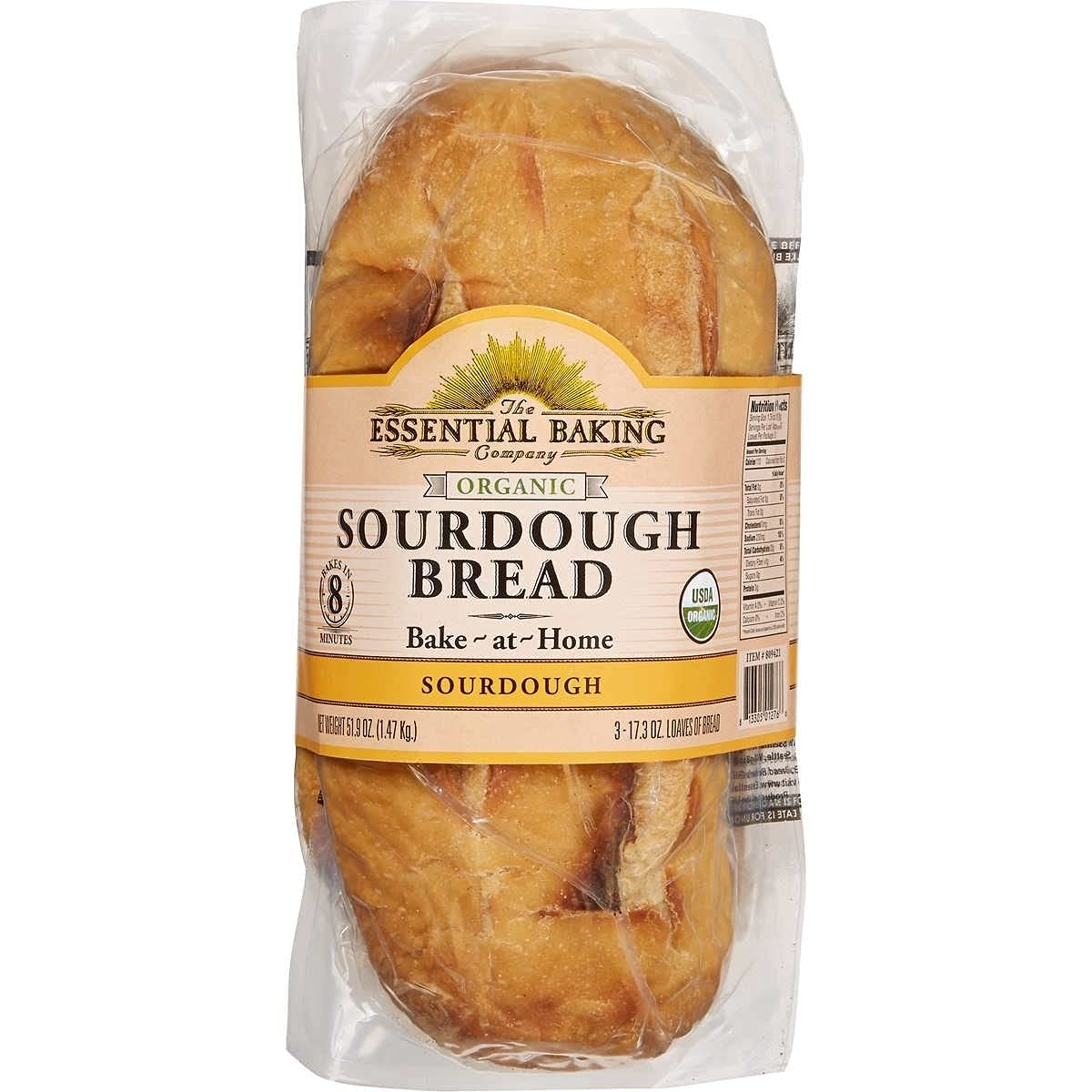 Essential Baking Company three-pack sourdough loaves on a counter ideal for toasting and sandwiches.