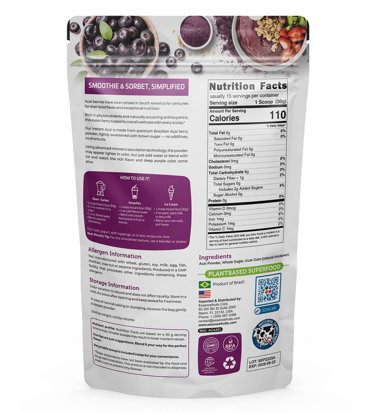 Essenzefruits Acai Powder scoop beside the bag for quick smoothies.