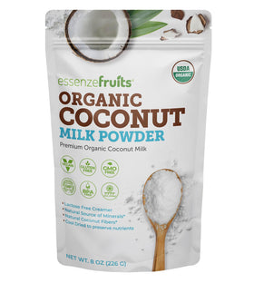 Essenzefruits Coconut Milk Powder bottle for dairy-free cooking and beverages.