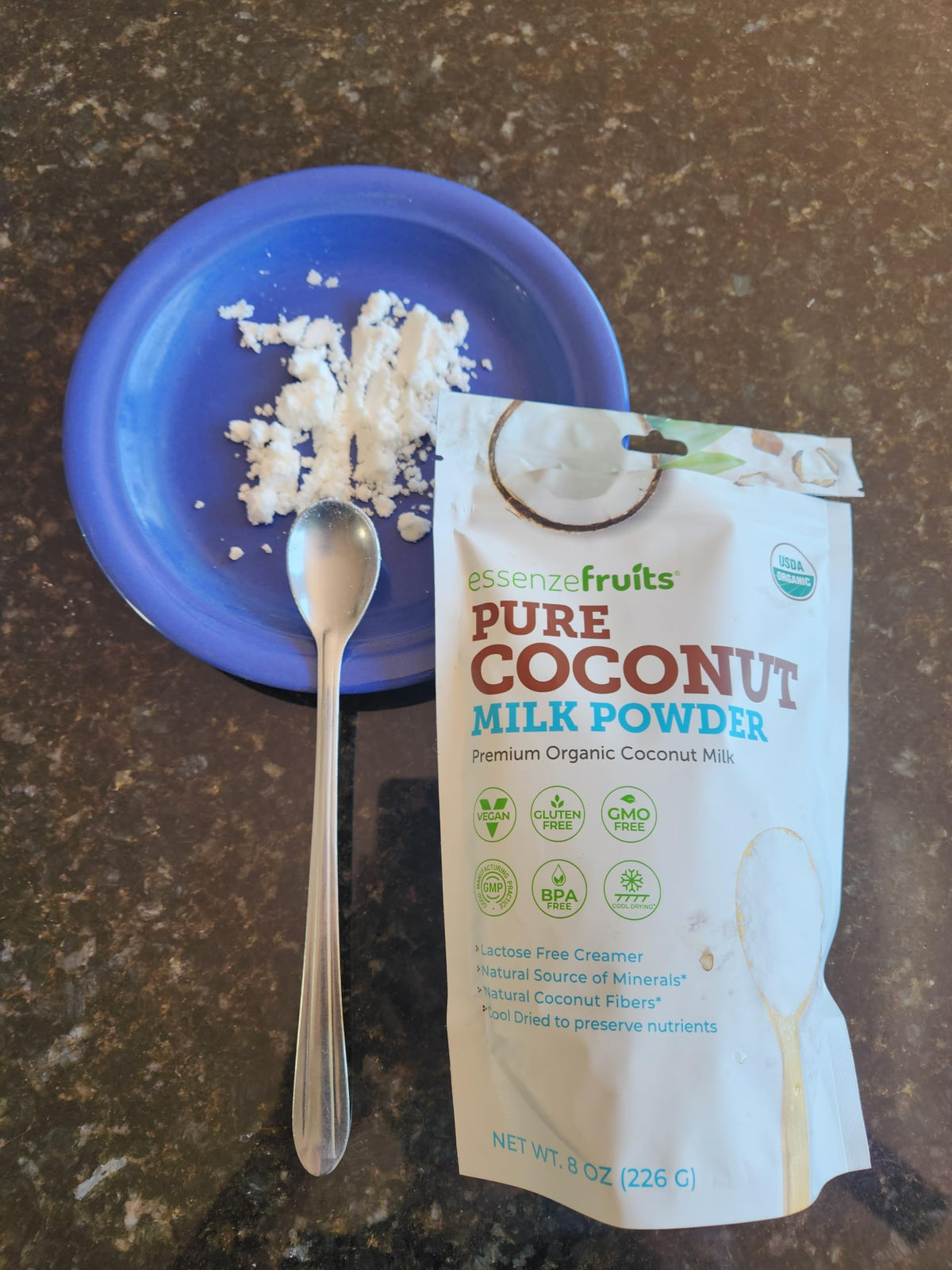 Essenzefruits Coconut Milk Powder packaging showing USDA Organic vegan seal.