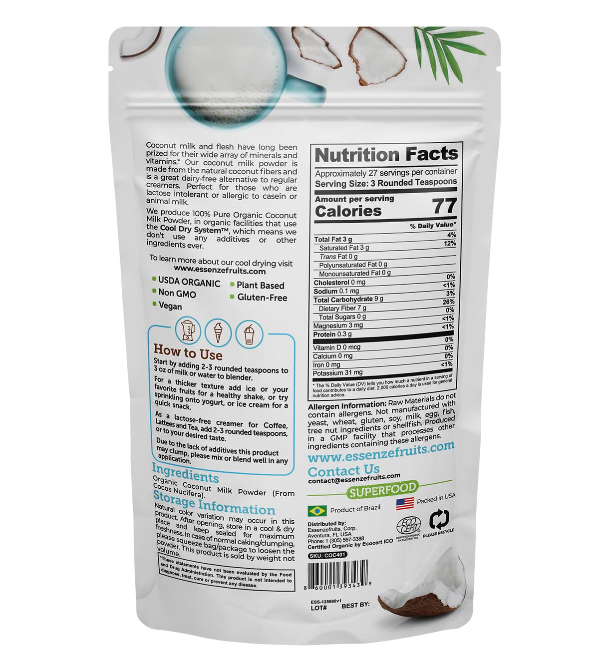 Essenzefruits Coconut Milk Powder pour for smooth, creamy drinks.
