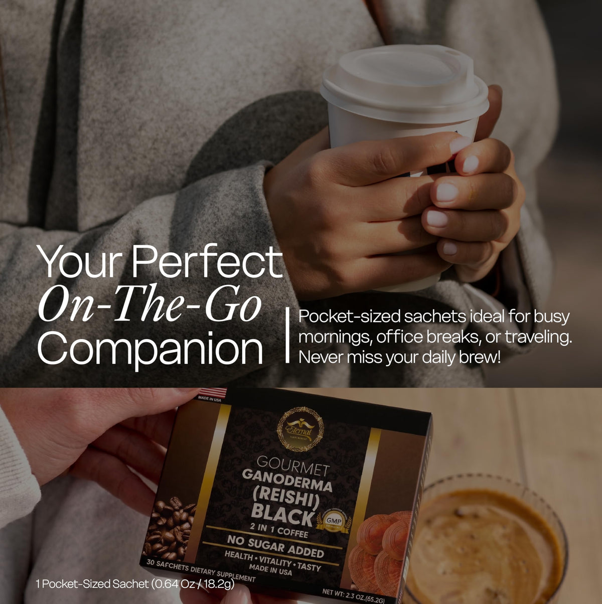 Eternal Spirit Beauty bold roast coffee in cup with steam