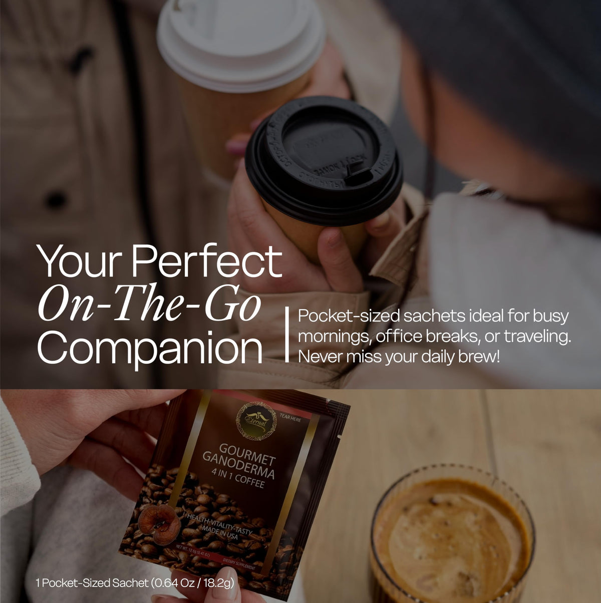 Cup of Eternal Spirit Beauty creamy light roast latte being poured for a smooth start.