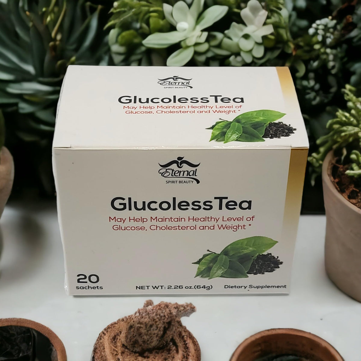 Eternal Spirit Beauty Glucoless Tea packaging highlights premium branding for gifting