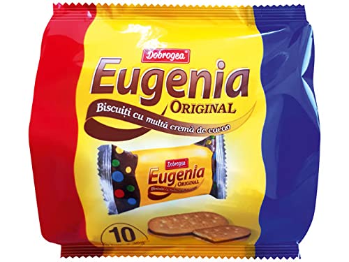 Eugenia cacao biscuit in yellow bag packaging; convenient two-cookie portions for on-the-go snacking