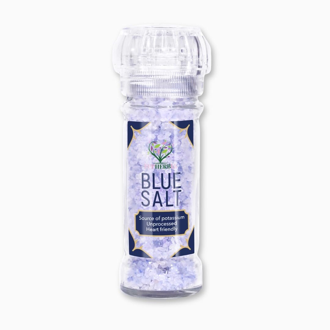 Eupherbia Blue Salt bottle with grinder for precise table seasoning.