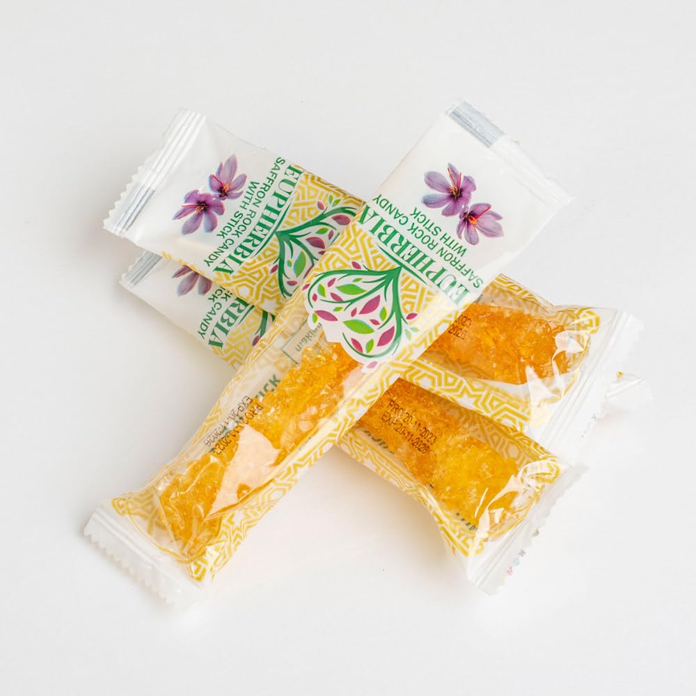 Eupherbia saffron rock candy on a plate enhances presentation and aroma.