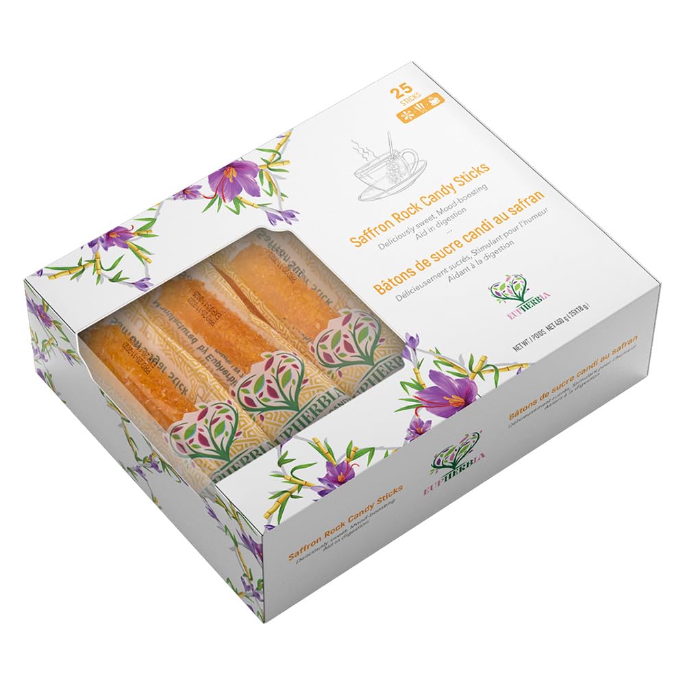 Eupherbia saffron rock candy stick close-up showing crystal texture for tea infusions.