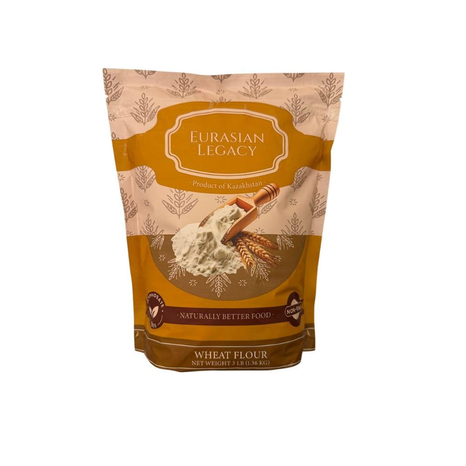 Eurasian Legacy flour packaging in a stand-up pouch for convenient storage.