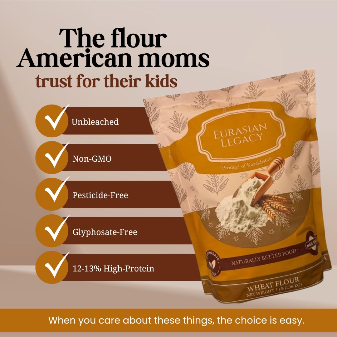 Eurasian Legacy non-GMO wheat flour bag on a kitchen counter for baking.