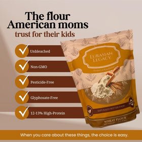 Eurasian Legacy non-GMO wheat flour bag on a kitchen counter for baking.
