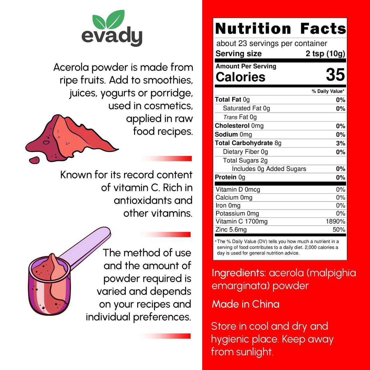 EVADY Acerola powder closeup pink hue reflects low-temperature extraction preserving color