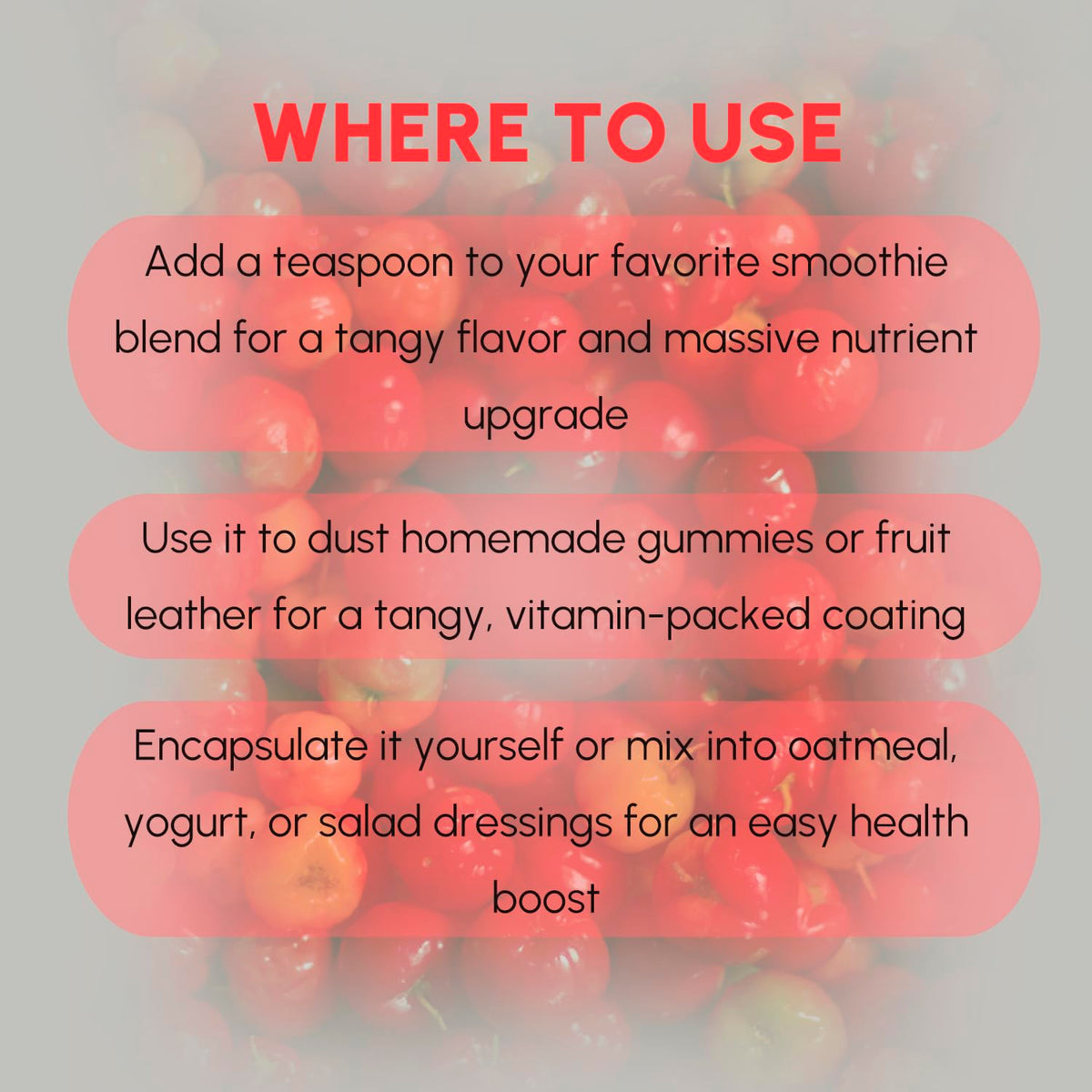 EVADY Acerola powder ingredients label conveys no additives and GMP quality