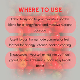 EVADY Acerola powder ingredients label conveys no additives and GMP quality