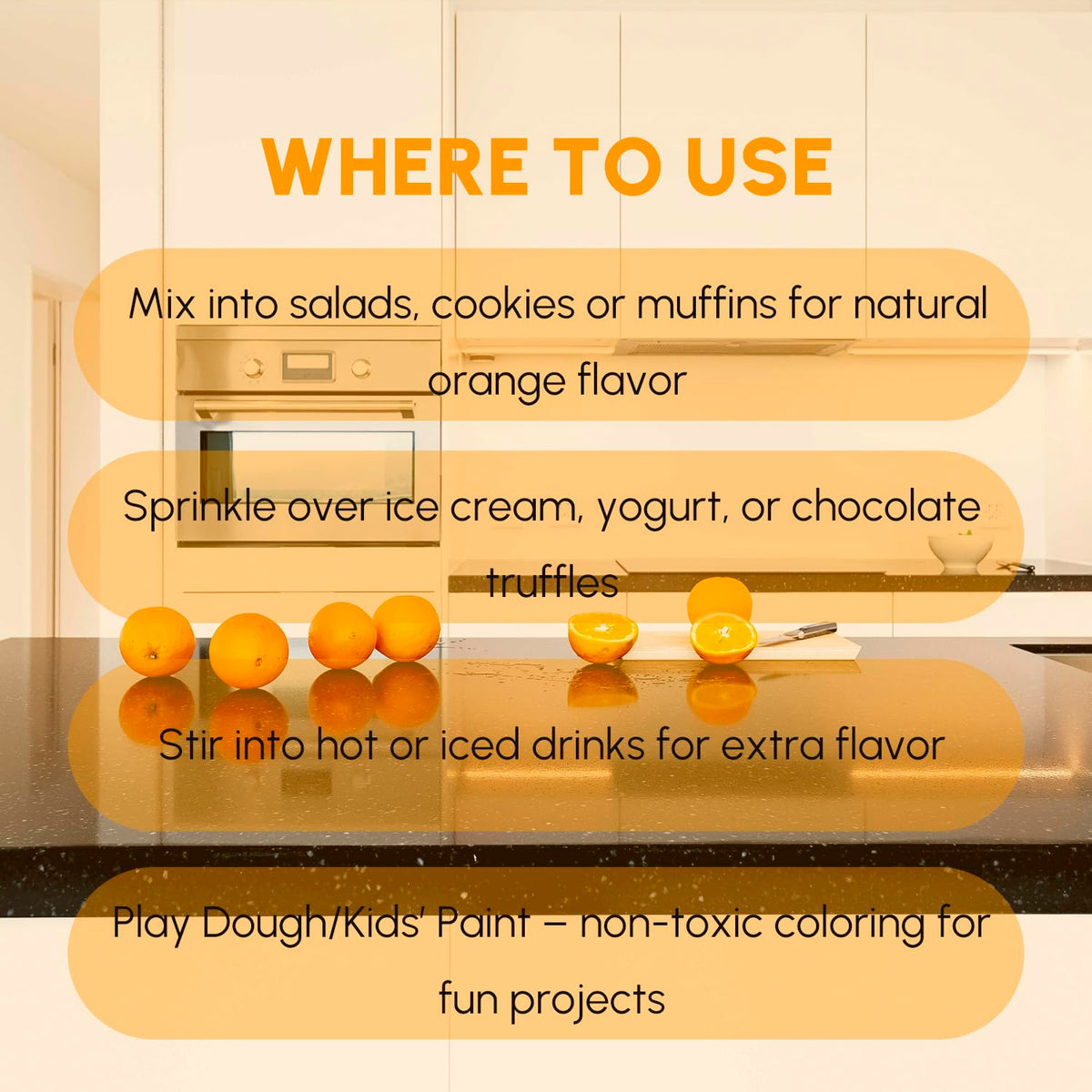 EVADY orange powder in drink shows versatile flavoring for smoothies.