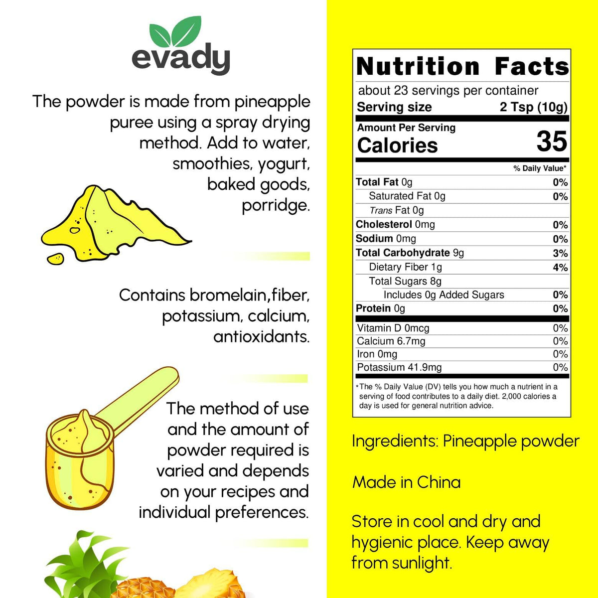 EVADY Pineapple Powder pantry storage shot emphasizes long shelf stability