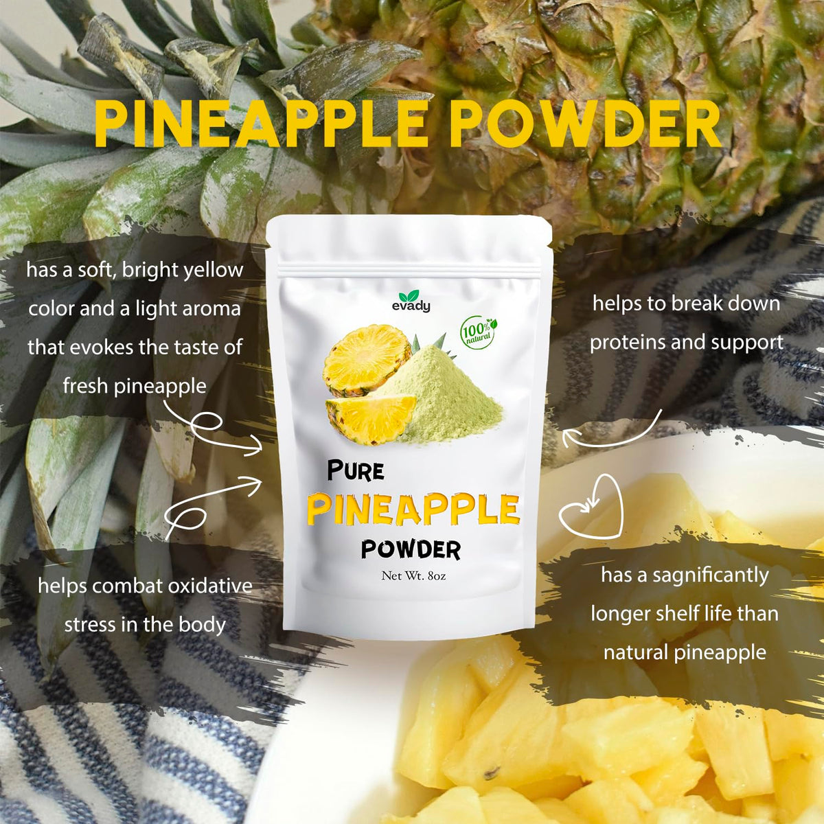 EVADY Pineapple Powder bottle demonstrates vibrant flavor addition for smoothies and mocktails