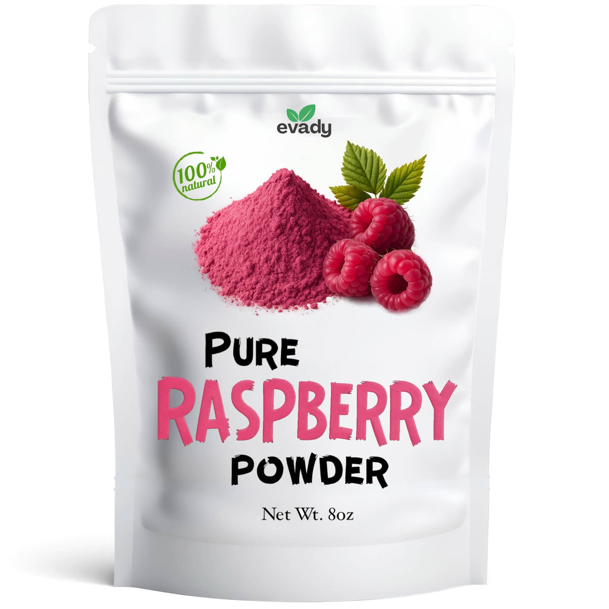 EVADY Raspberry Powder bottle shows vibrant color for cooking and beverages.