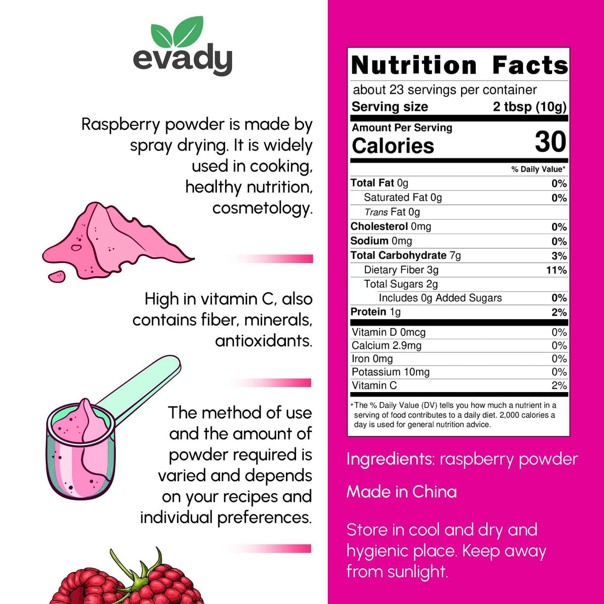 EVADY Raspberry Powder texture-dry-powder reveals fine, spray-dried consistency.