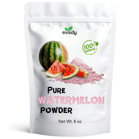 EVADY Watermelon Powder bottle shows vibrant pink powder, ideal for refreshing beverages.