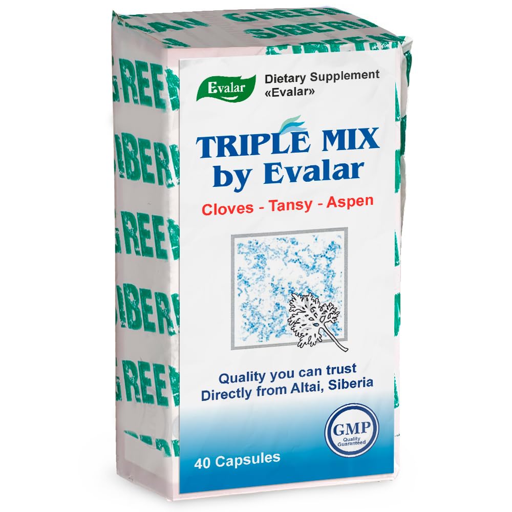 Evalar Cloves Tansy Aspen Mix bottle label highlights Siberian origins for natural blend.