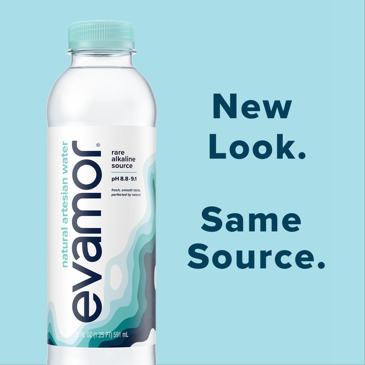 EVAMOR bottle label close-up highlights natural alkaline profile for balanced hydration.