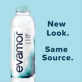 EVAMOR bottle label close-up highlights natural alkaline profile for balanced hydration.