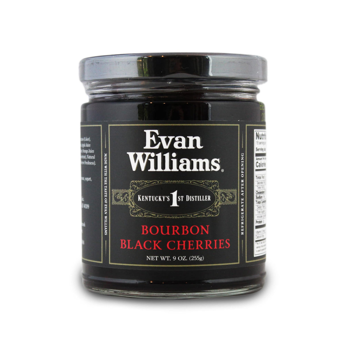 Evan Williams Bourbon Black Cherries in a stemmed jar, ideal for Old Fashioned garnish.