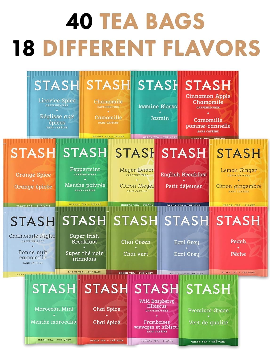 Eva's Gift Universe 40 tea bags neatly organized for daily variety.