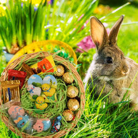Eva's Gift Universe colorful-eggs-bunnies vibrant visuals on the tray appeal to kids and adults.