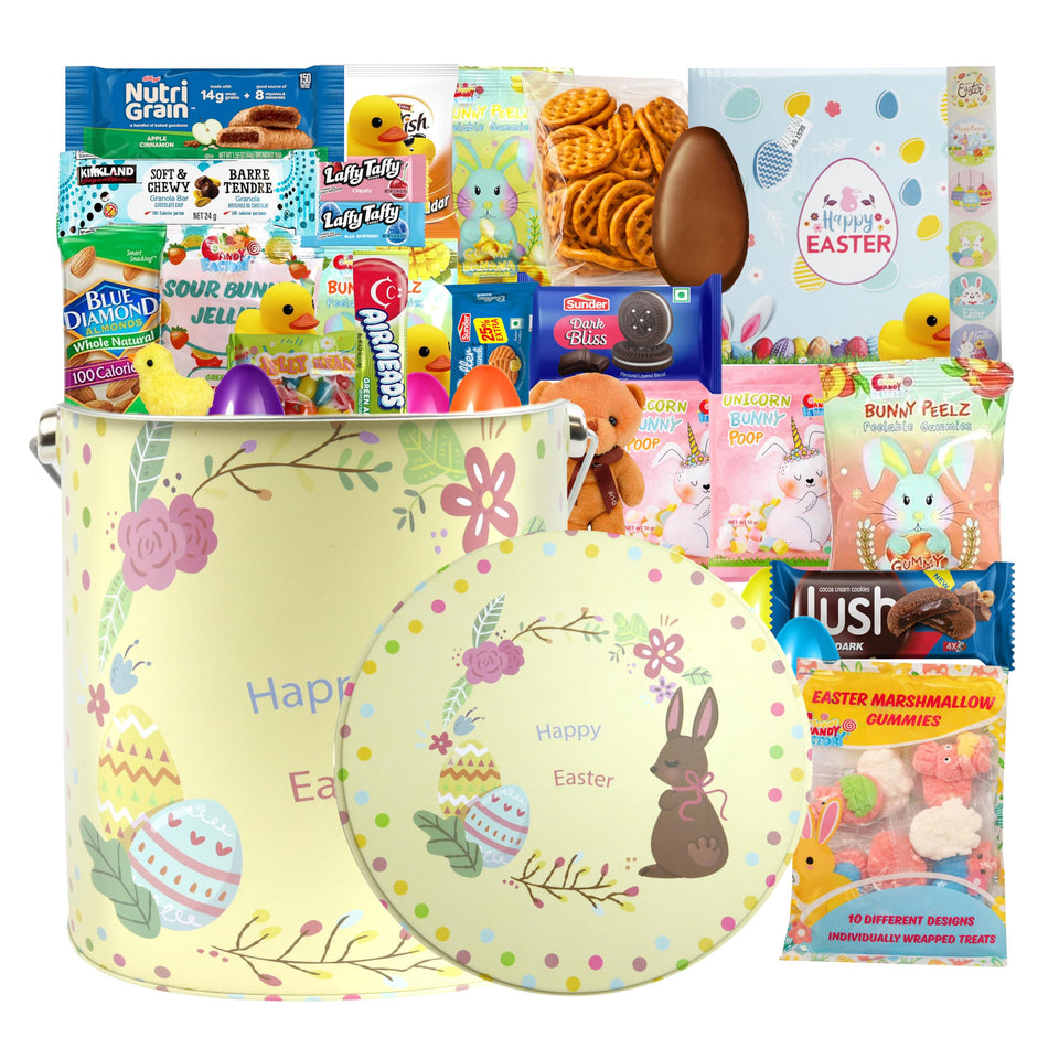 Eva's Gift Universe Easter Basket Tin packaging on display, gift-ready presentation.