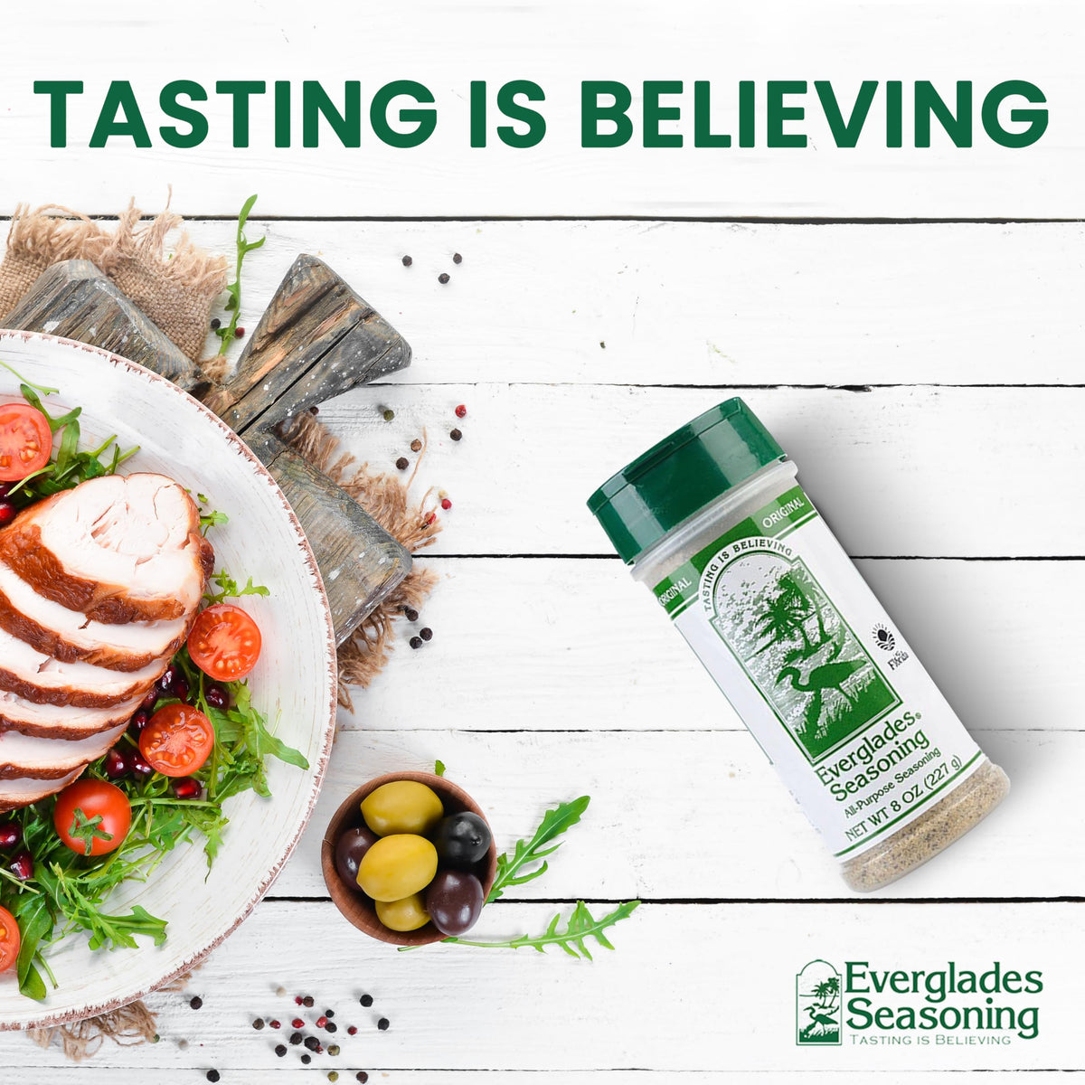 Granulated texture of Everglades All Purpose Seasoning disperses evenly for consistent taste.