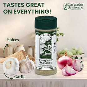 Everglades seasoning bottle closeup showcasing USA spices and no fillers