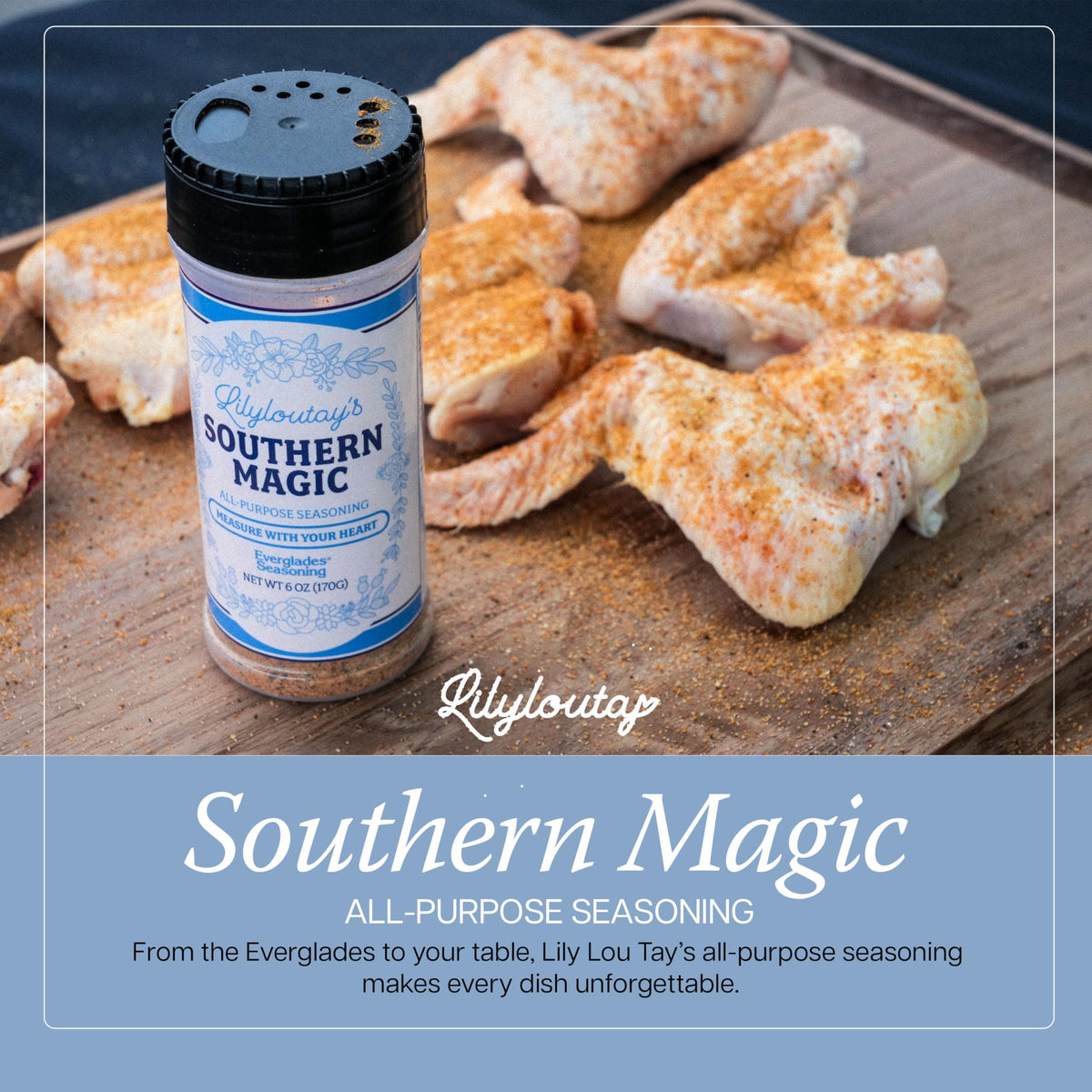 Everglades Lily Lou Tay’s Southern Magic Seasoning on ribs before grilling for smoky depth.