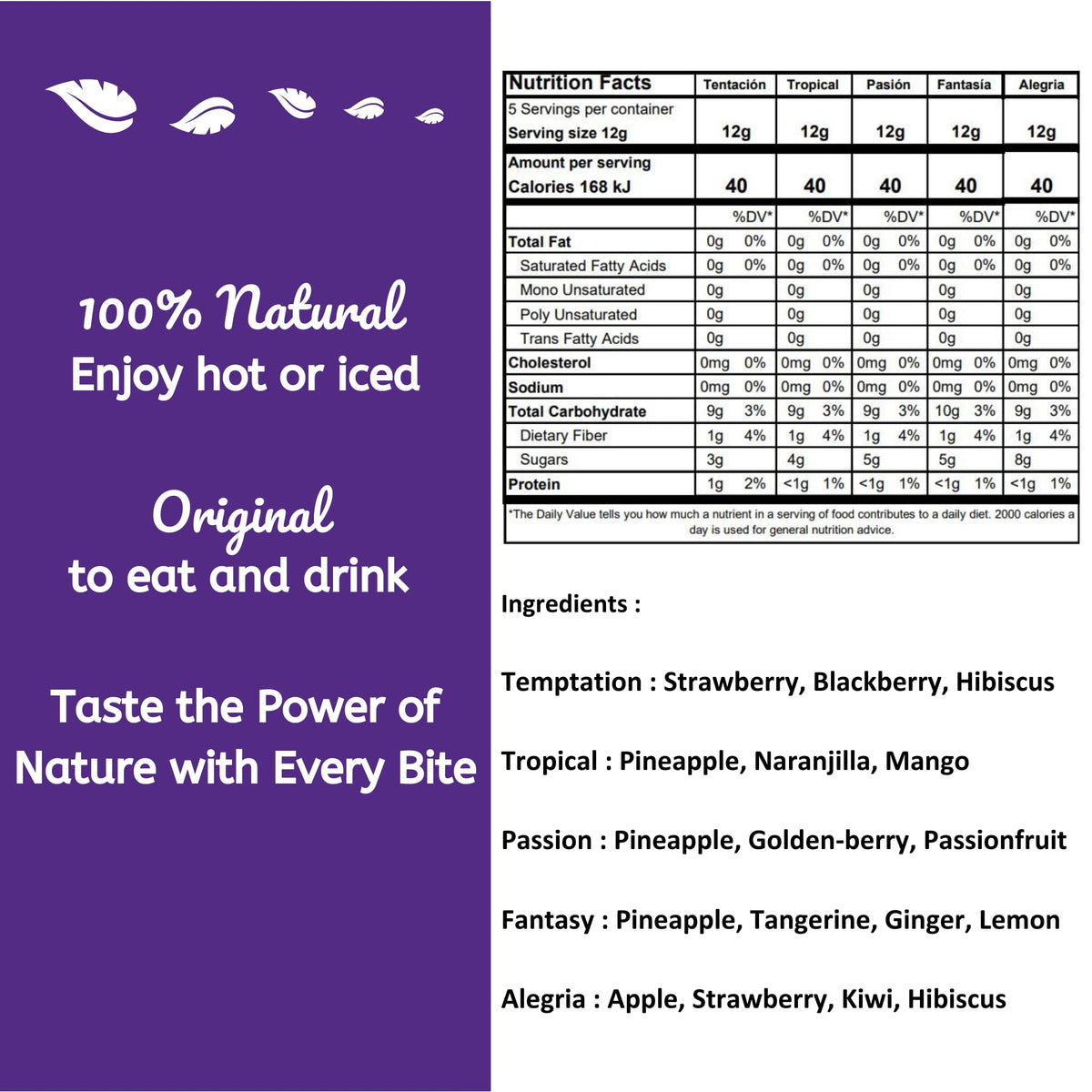 Everglobe Alibú fruit infusions ingredients highlighting natural flavors without additives.
