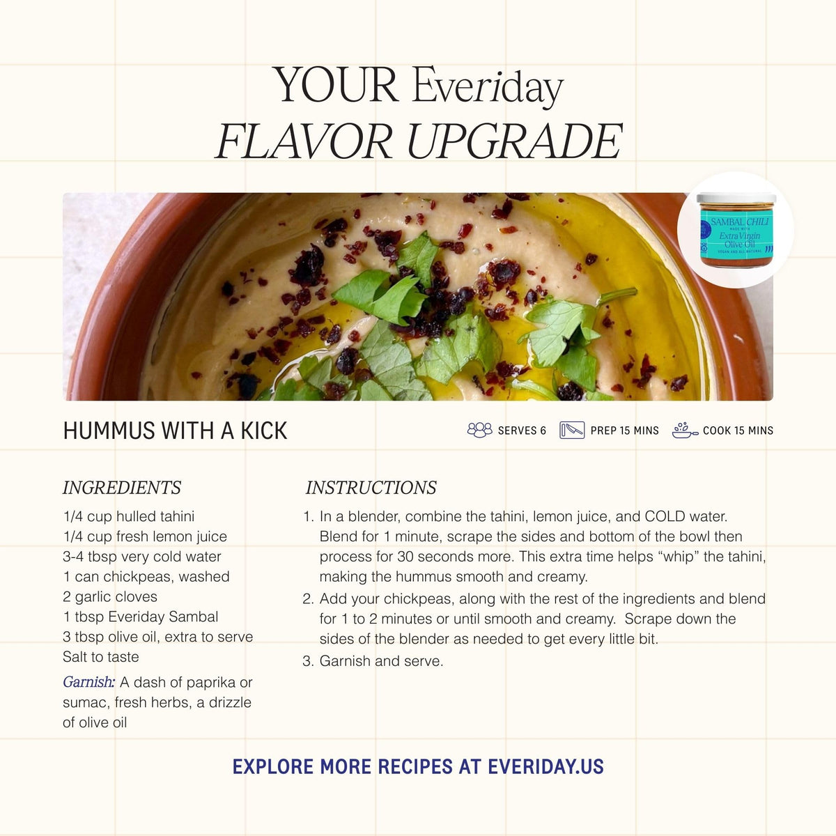 Ingredients panel highlights EVOO and natural spices in Everiday Sambal Oelek.