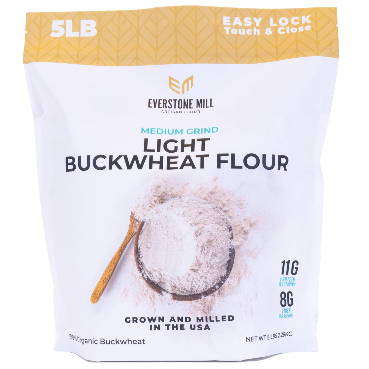 Everstone Mill Buckwheat Flour packaging in a sturdy 5 lb bag for freshness