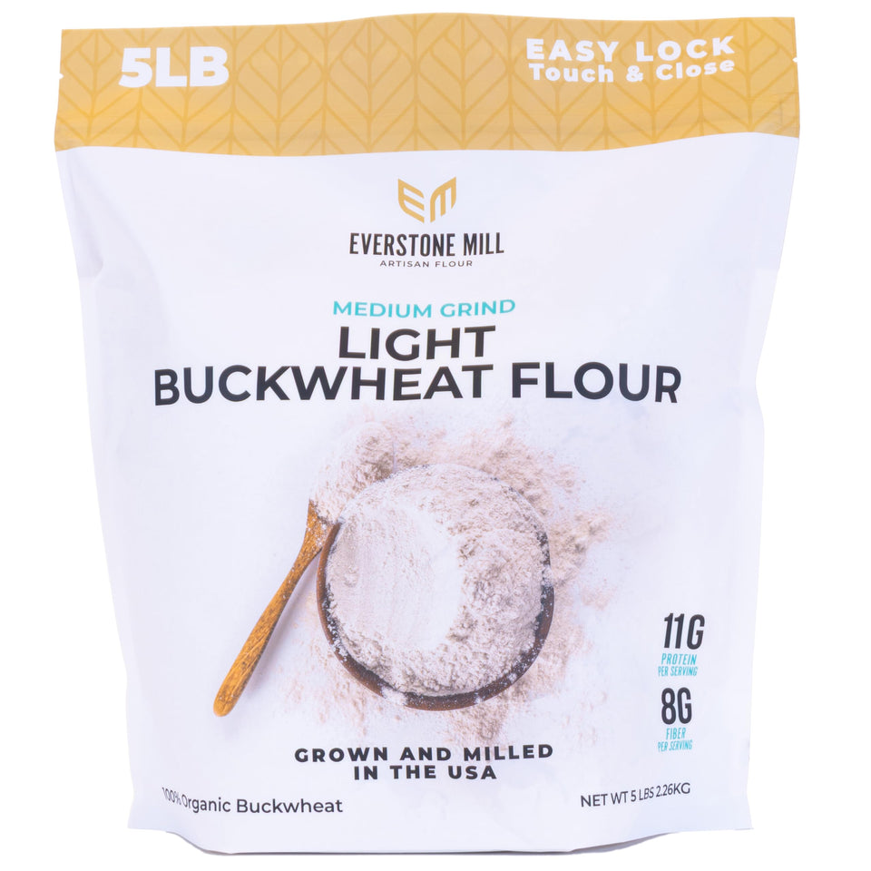 Everstone Mill Buckwheat Flour packaging in a sturdy 5 lb bag for freshness