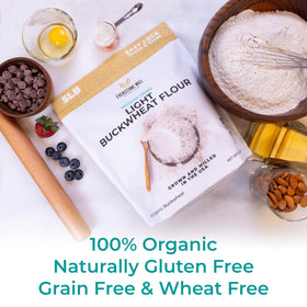 Everstone Mill Buckwheat Flour in a mixing bowl for crepes and pancakes