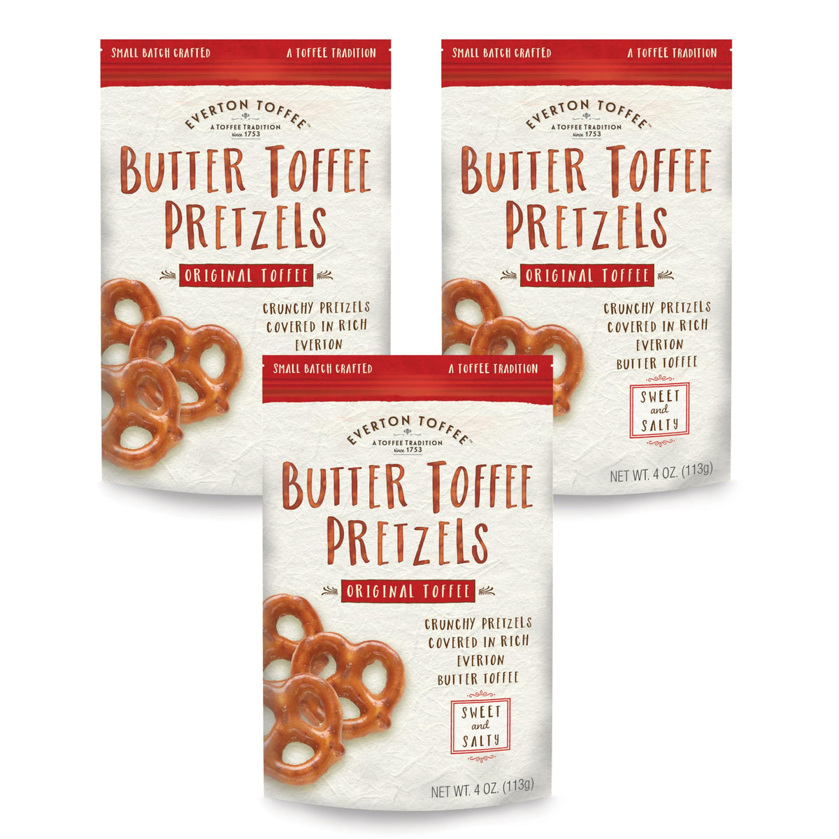 Everton Toffee Butter Toffee Pretzels 4oz bag with rich butter toffee coating.