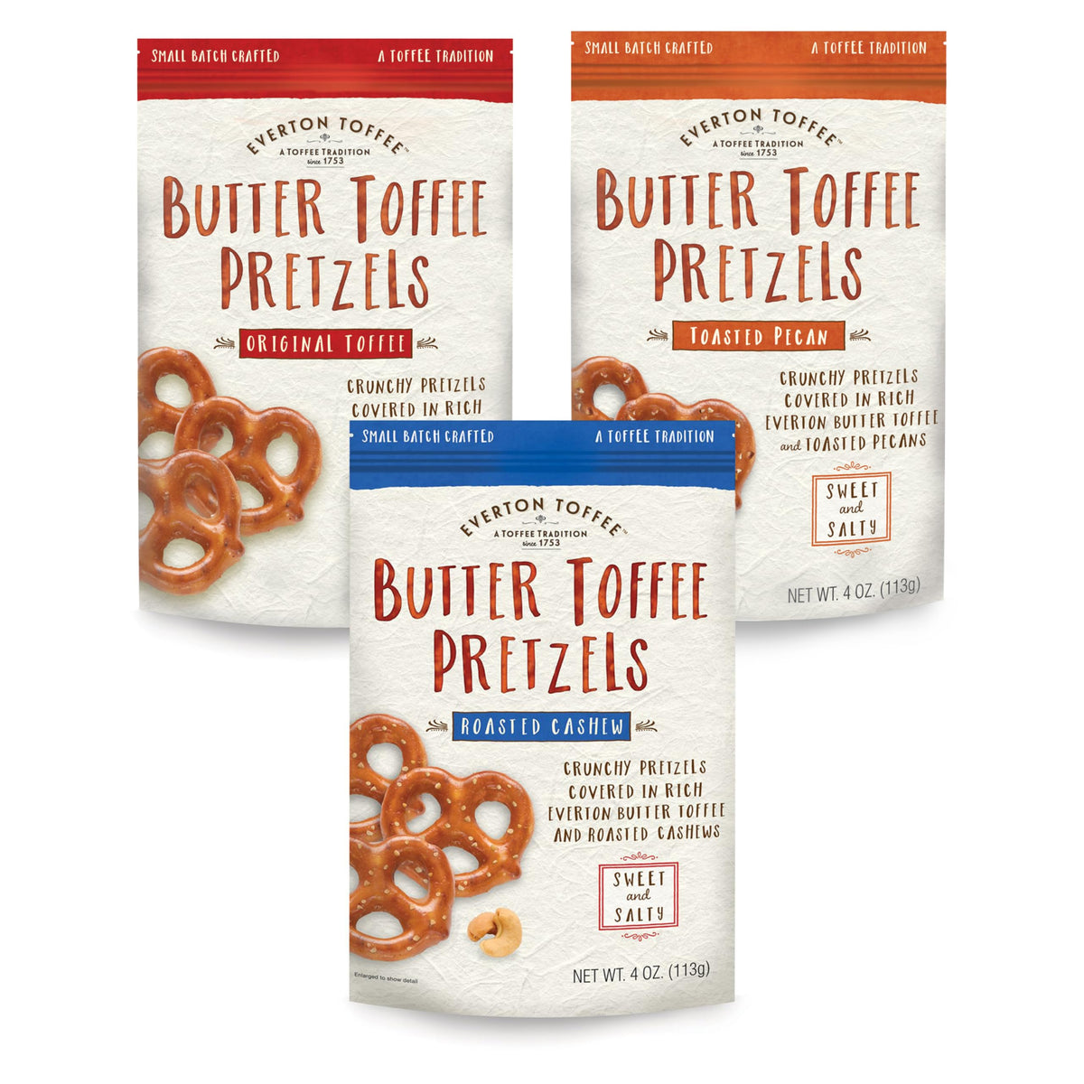Everton Toffee Butter Toffee Pretzels Original in a resealable bag, ideal for on-the-go snacking.