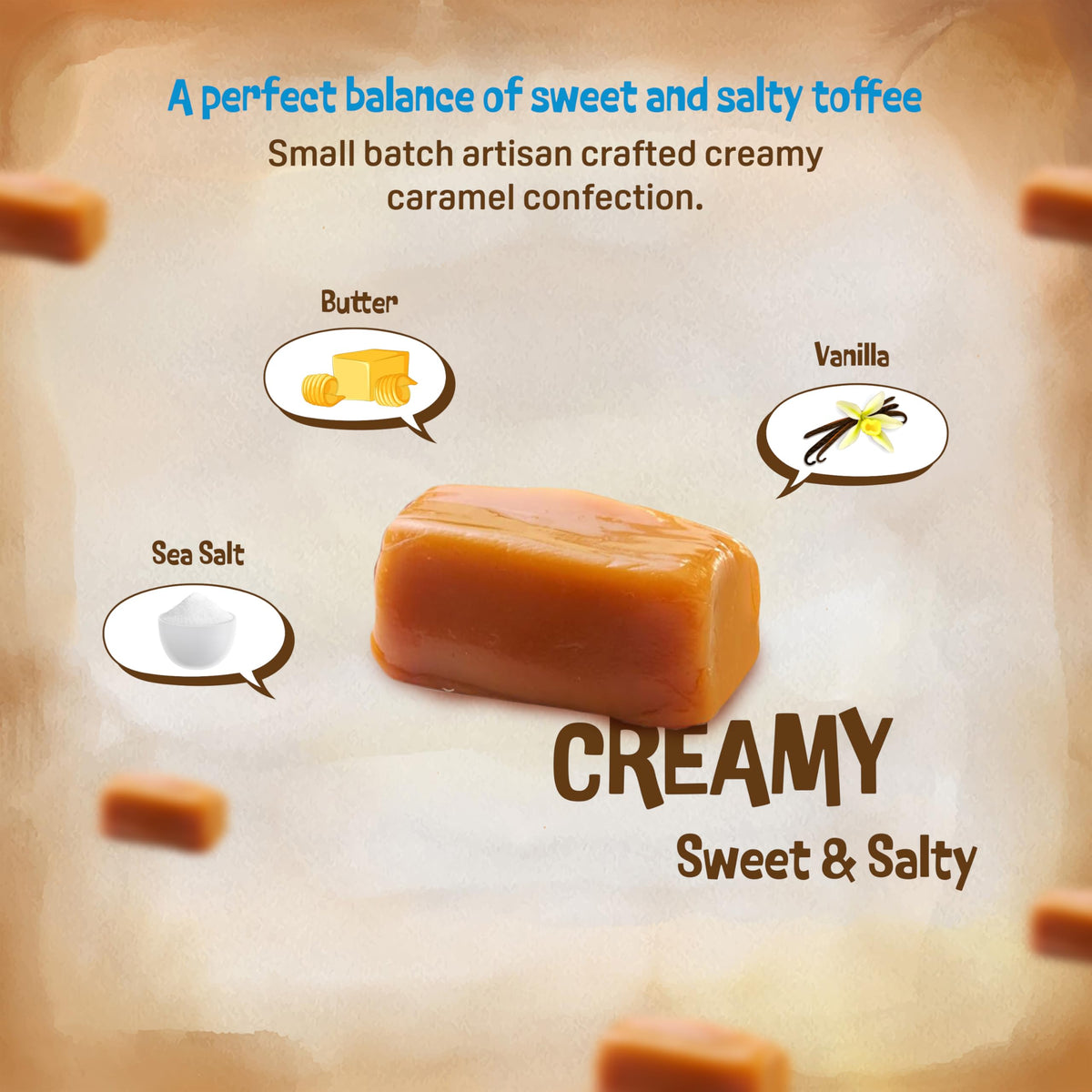 Close-up of Everton Toffee butter toffee caramel texture with sea salt detail.