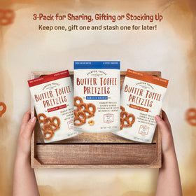 Everton Toffee Butter Toffee Pretzels on a shelf, ready-to-serve snack at home.