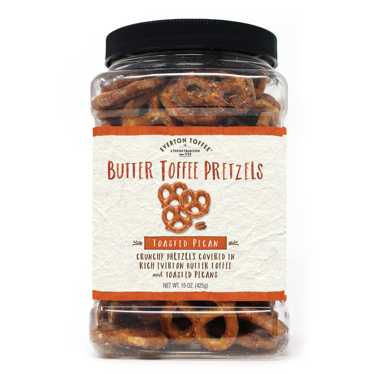Everton Toffee toasted pecan pretzels in a jar—crunchy and convenient snack.