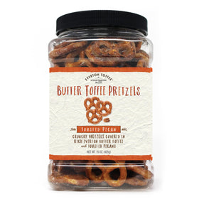 Everton Toffee toasted pecan pretzels in a jar—crunchy and convenient snack.