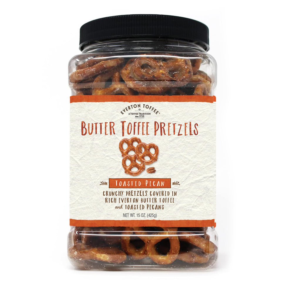 Everton Toffee toasted pecan pretzels in a jar—crunchy and convenient snack.