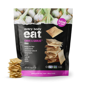 Every Body Eat chive and garlic crackers close-up showing savory aroma and crisp texture.